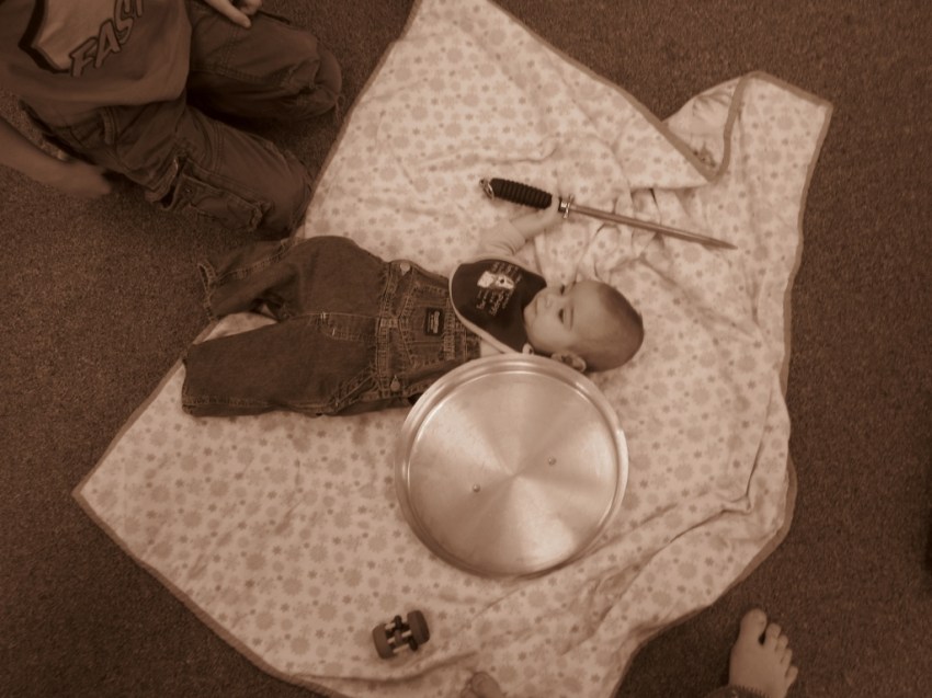 Kitchen warrior, outfitted by his brother