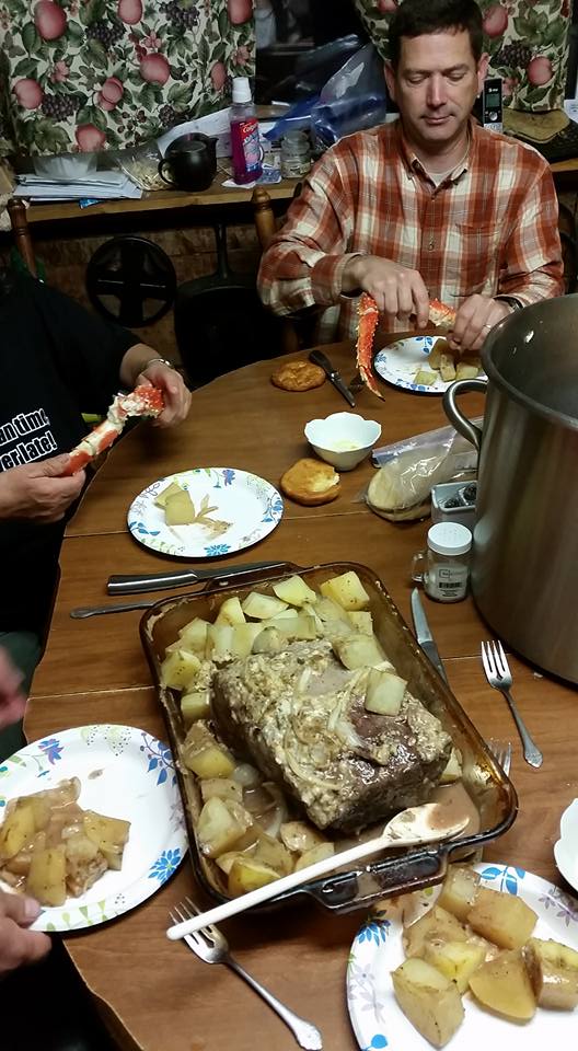 Suffering: James made a trip out to Grayling earlier in September to spend a week working on the house and enjoyed the Deacons' hospitality one evening. Moose roast and crab were served up. Interesting story: because of the fishing restrictions put on Natives, those villages within 50 miles of the ocean's coast are supplied with a certain amount of seafood, and Grayling happens to be 49.7 miles from the western coast. This was the day their supplies came in.