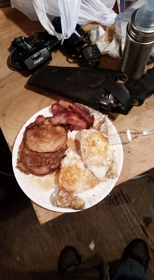 Hunters' breakfast: bacon, duck eggs fried in bacon grease, whole wheat pancakes with plenty of butter and pure maple syrup