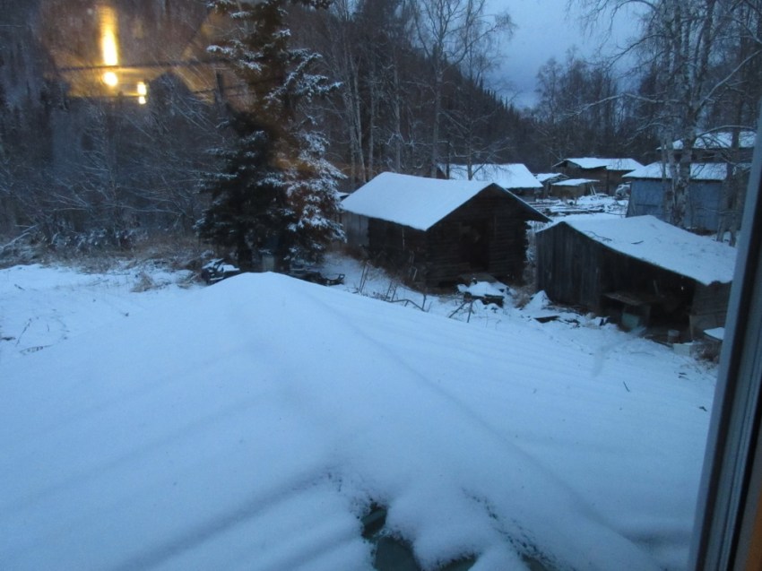 View from right window, storage sheds
